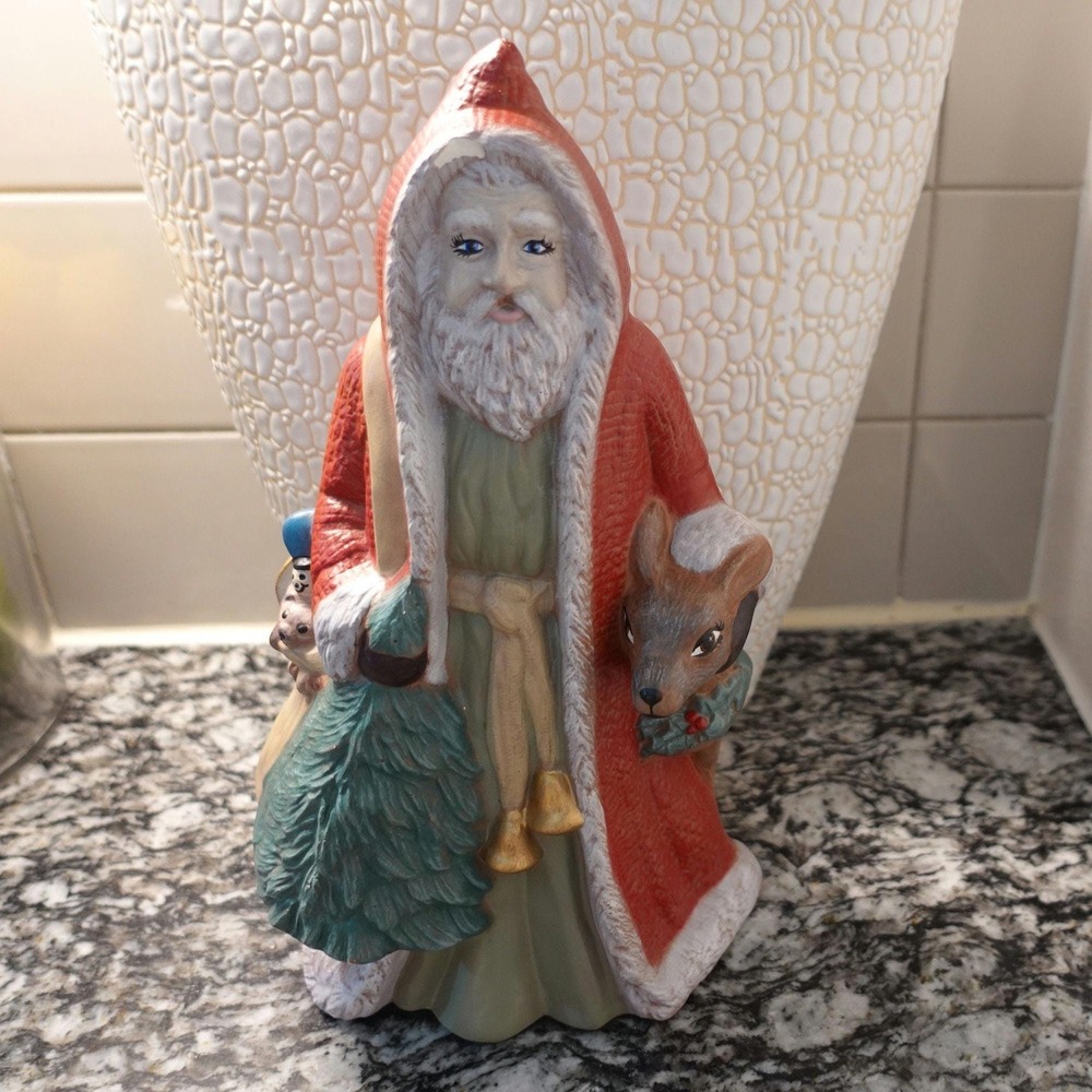 Vintage Old World Santa Claus Figurine with Christmas Tree & Woodland Animal